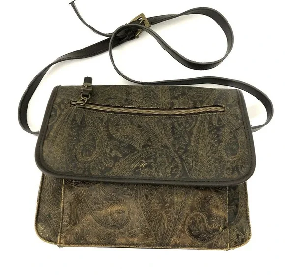 Vintage Relic Brown Paisley Tooled Faux Leather Flap Front Crossbody Satchel Bag - Picture 2 of 12